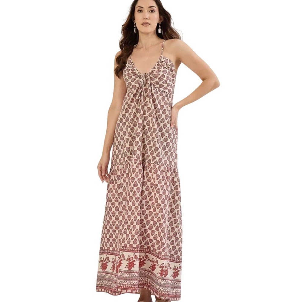 Sim & Sam Natural Rust Border SL Halter V Neck Linen Blend Maxi Dress M NWT
